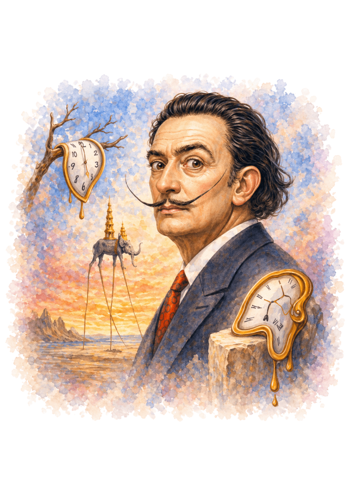 Ilustrație în acuarelă inspirată de Salvador Dalí